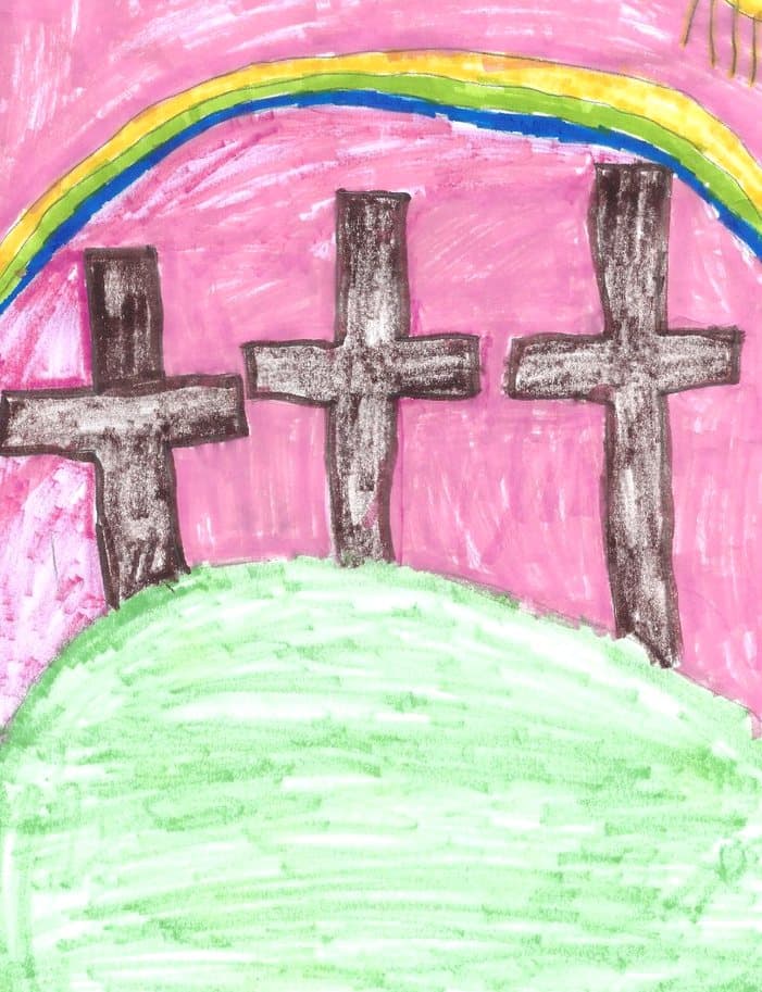 A child's drawing of three crosses on a green hill, under a rainbow and a pink sky