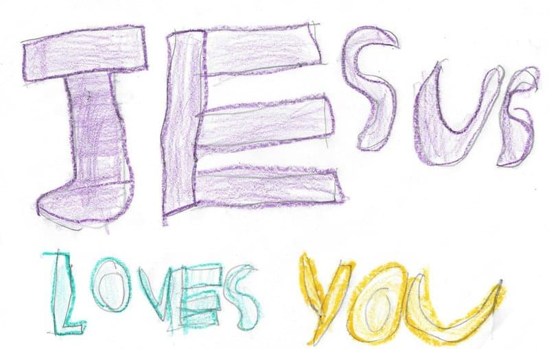 A child's drawing of the words Jesus loves you, lettered in purple, teal and gold